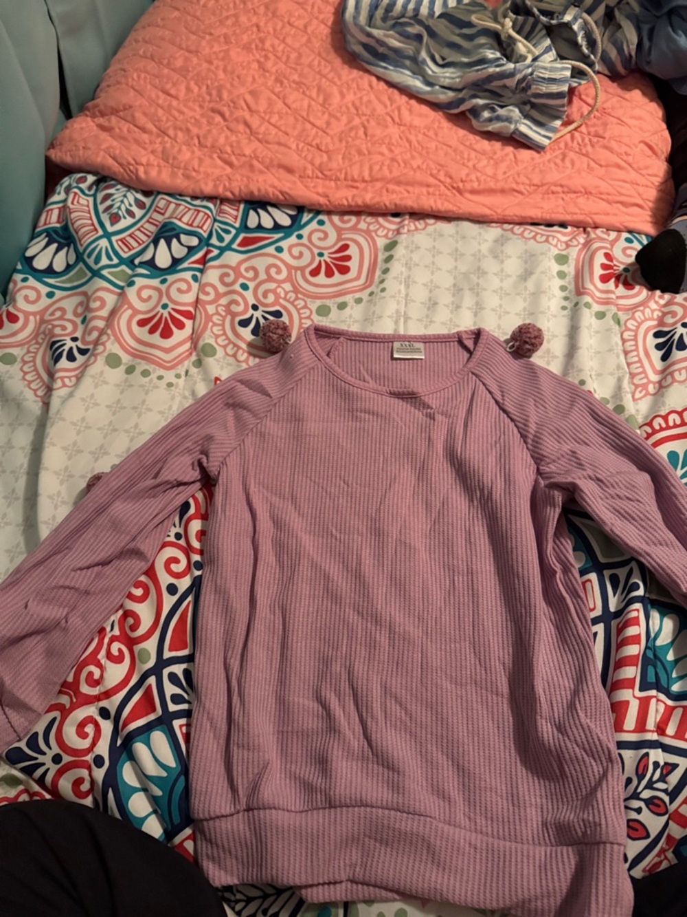 Girls' Pom-Shoulder Ribbed Long-Sleeve Top - Lavender